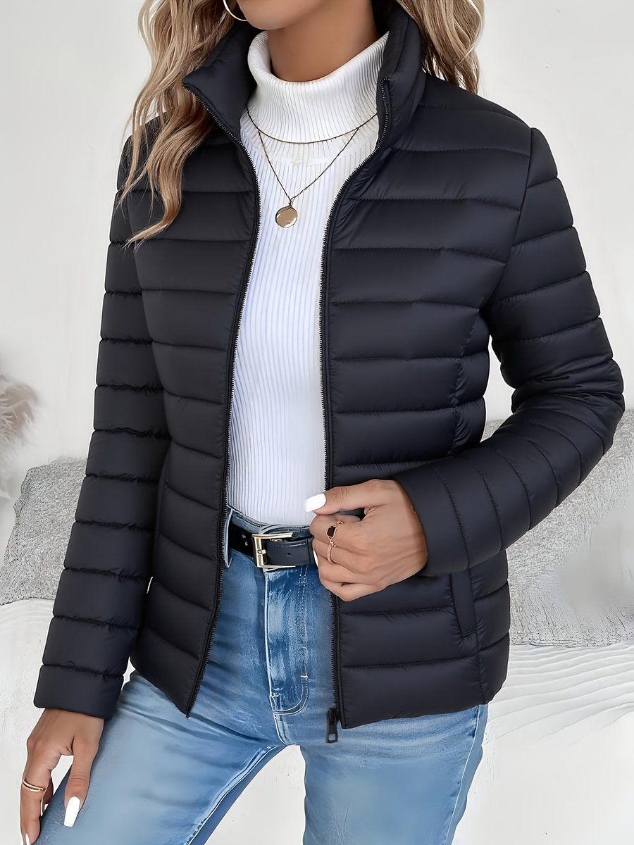 Women's Lightweight Quilted Puffer Coat with Stand Collar - Black