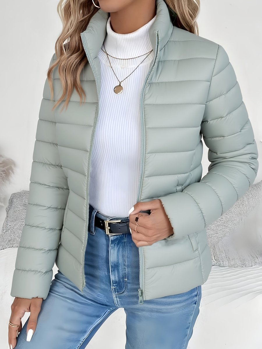 Women's Lightweight Quilted Puffer Coat with Stand Collar - Sage Green