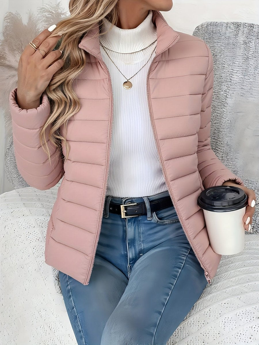 Women's Lightweight Quilted Puffer Coat with Stand Collar - Pink