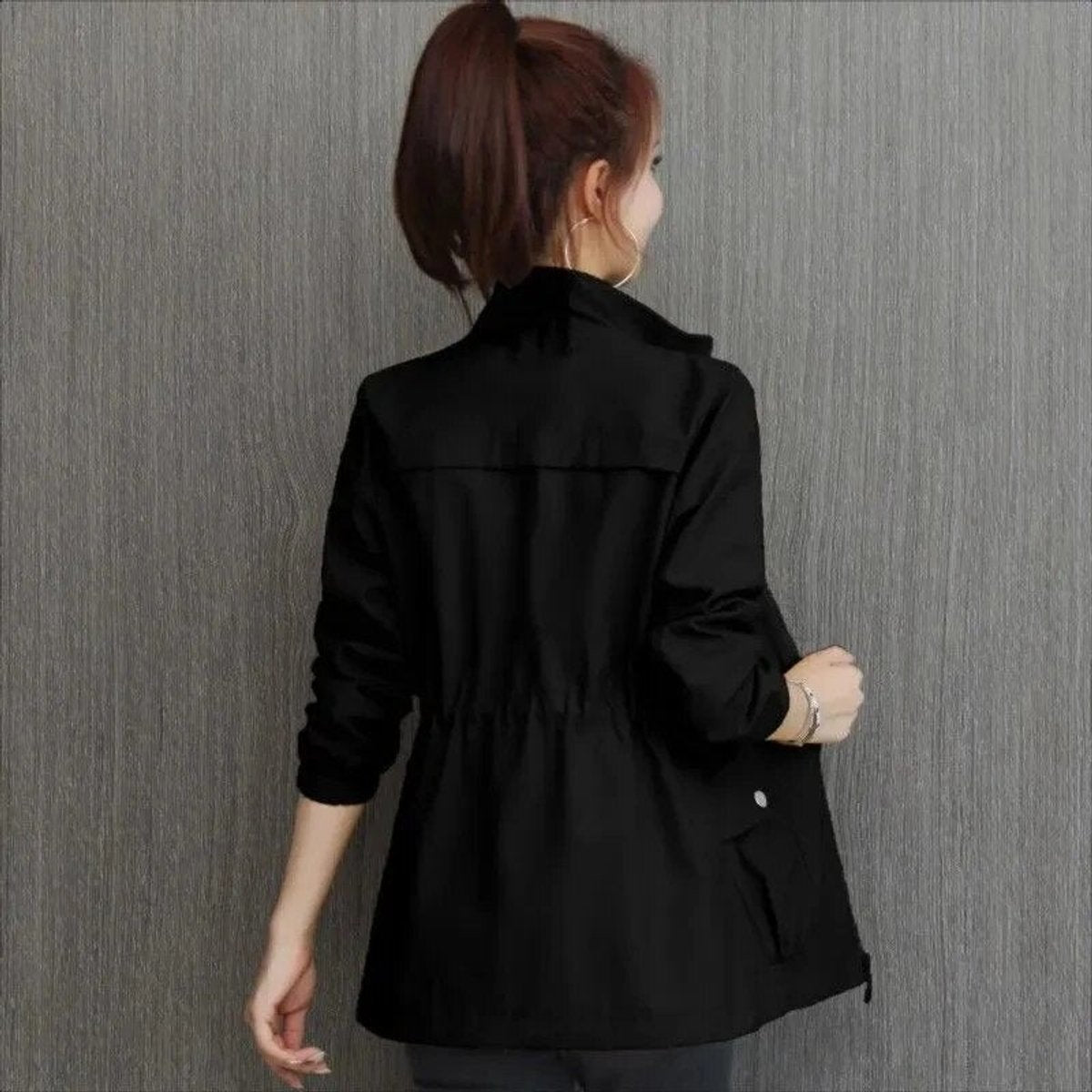 Women's Lightweight Drawstring Bomber Jacket - Black