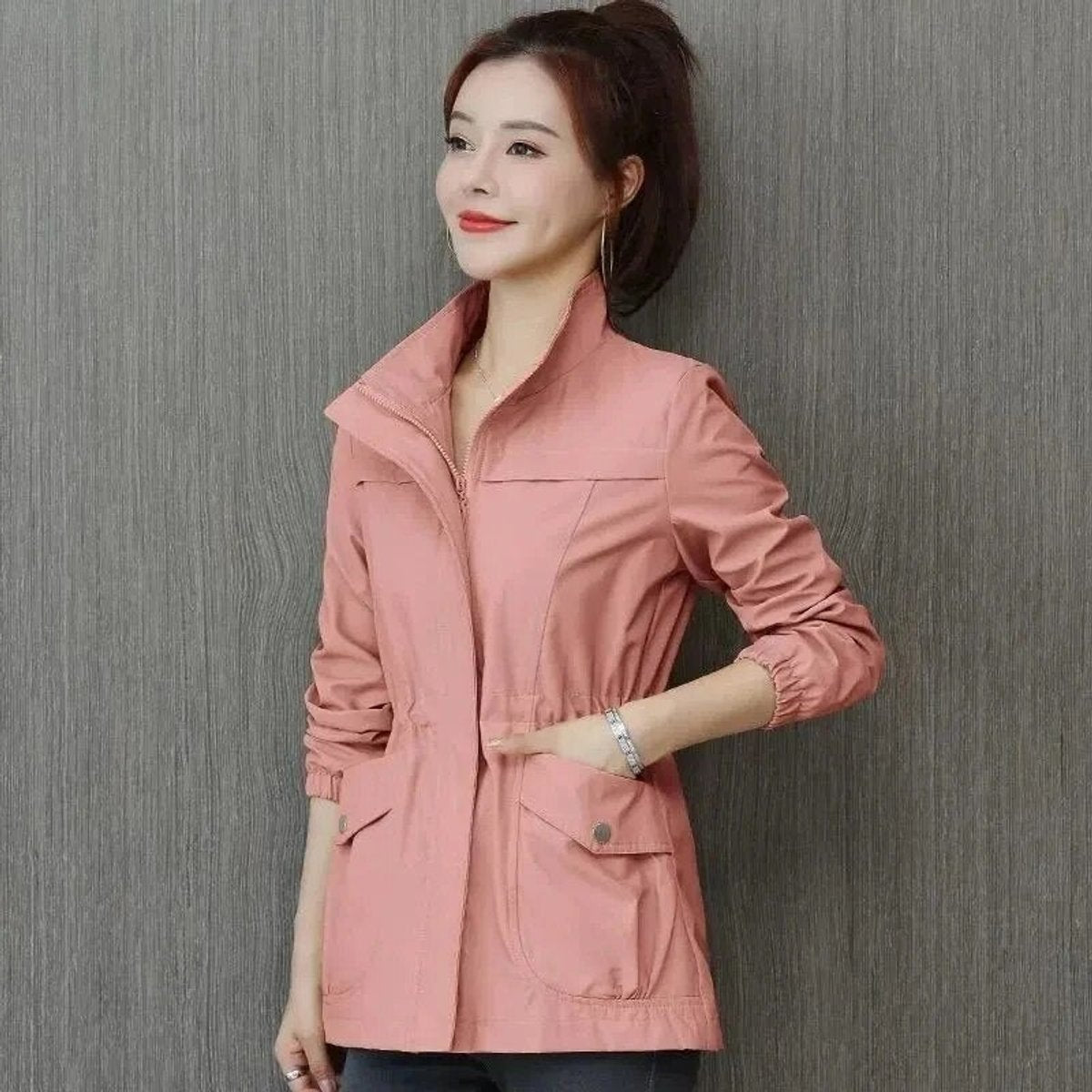 Women's Lightweight Drawstring Bomber Jacket - Pink