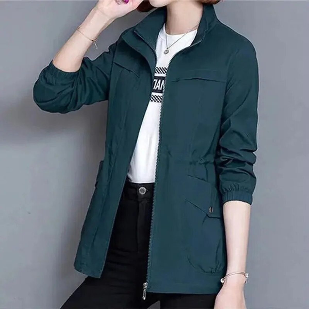 Women's Lightweight Drawstring Bomber Jacket - Blue