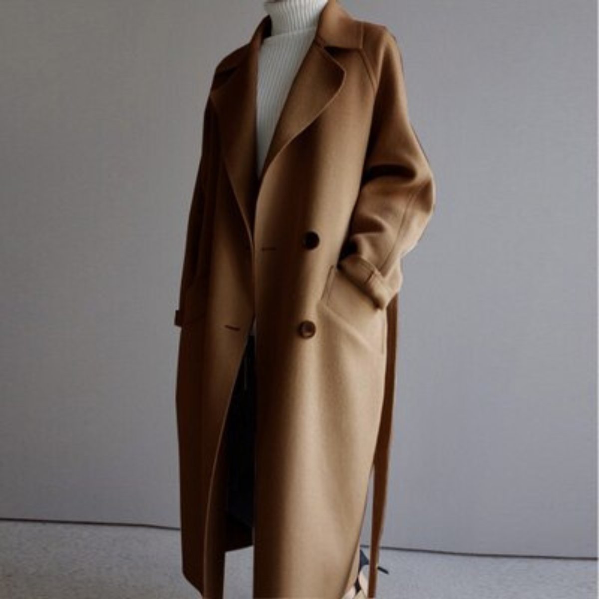 Women's Long Double-Breasted Soft Knit Coat - Caramel