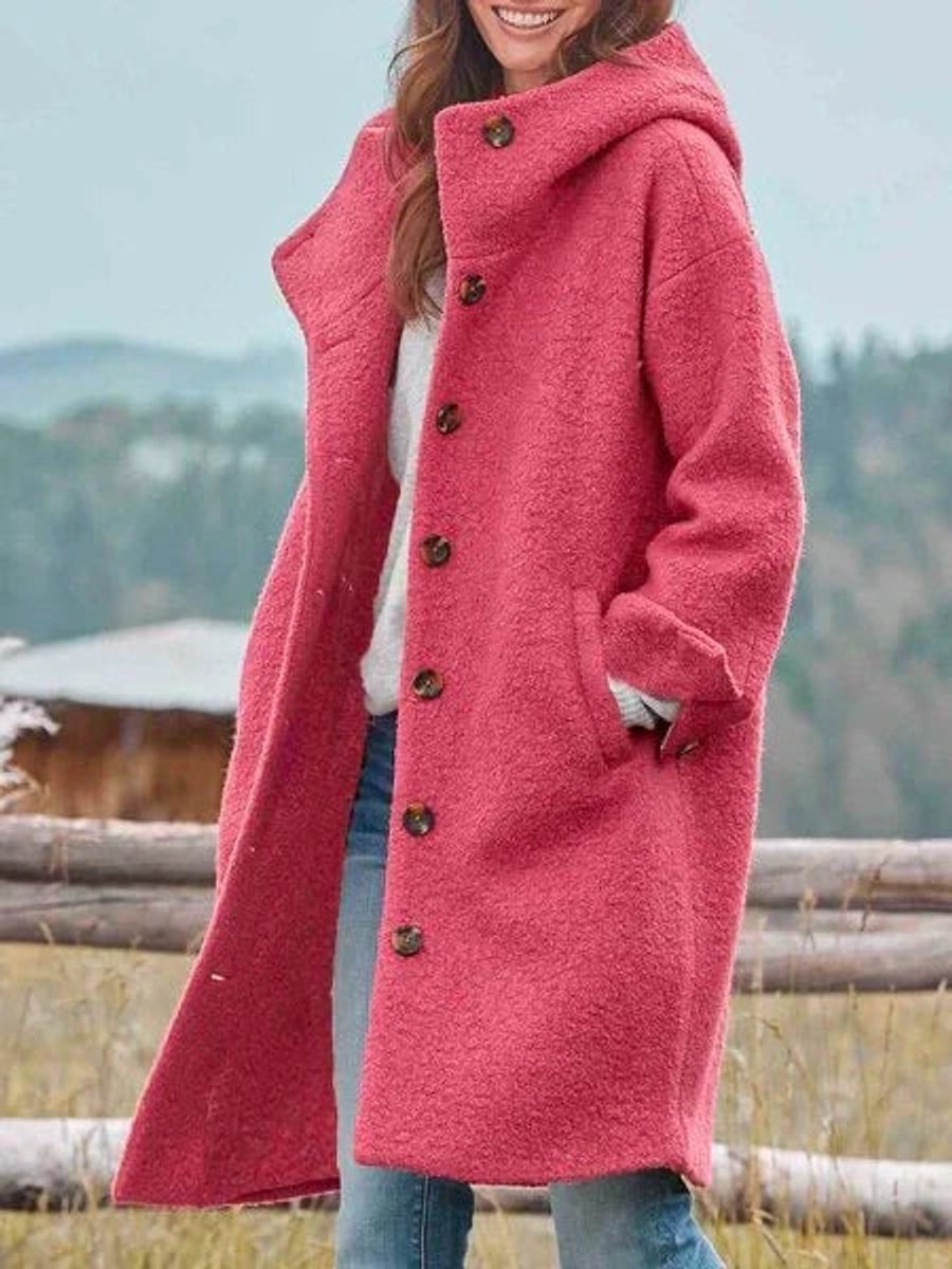 Women's Long Hooded Fleece Coat - Pink