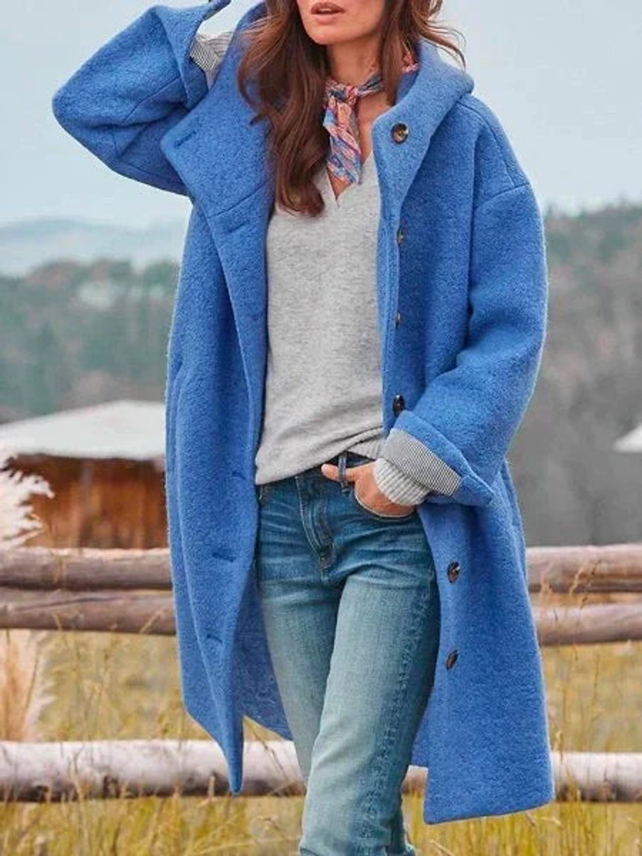 Women's Long Hooded Fleece Coat - Blue