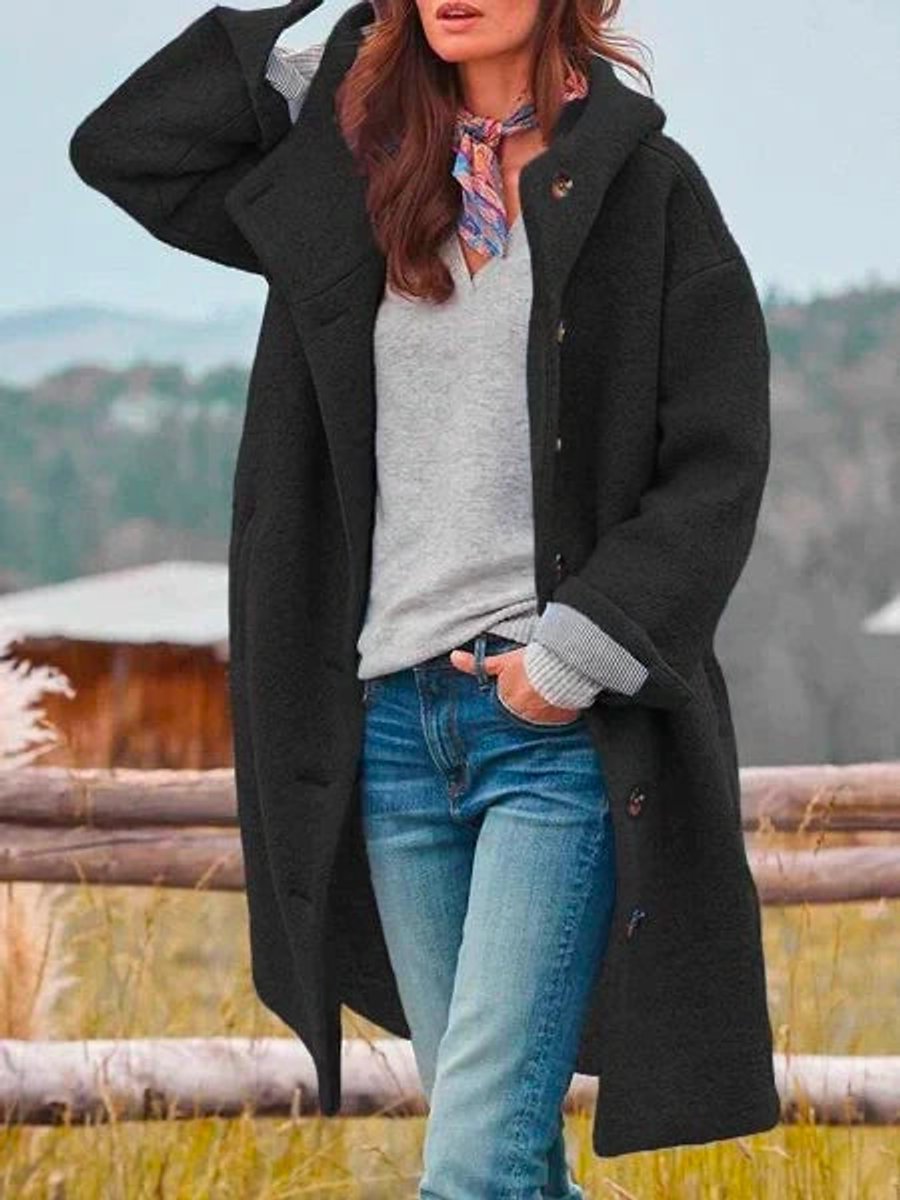 Women's Long Hooded Fleece Coat - Black