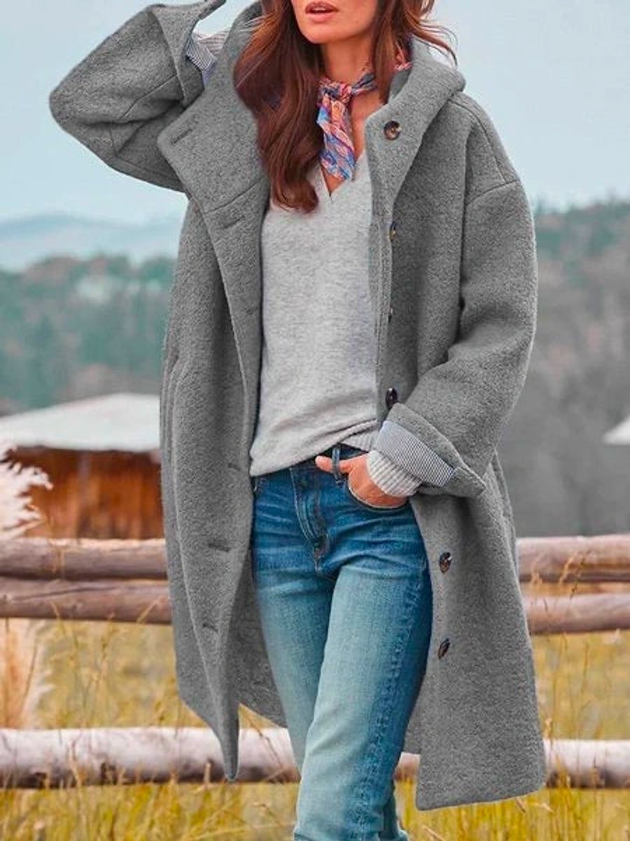 Women's Long Hooded Fleece Coat - Gray