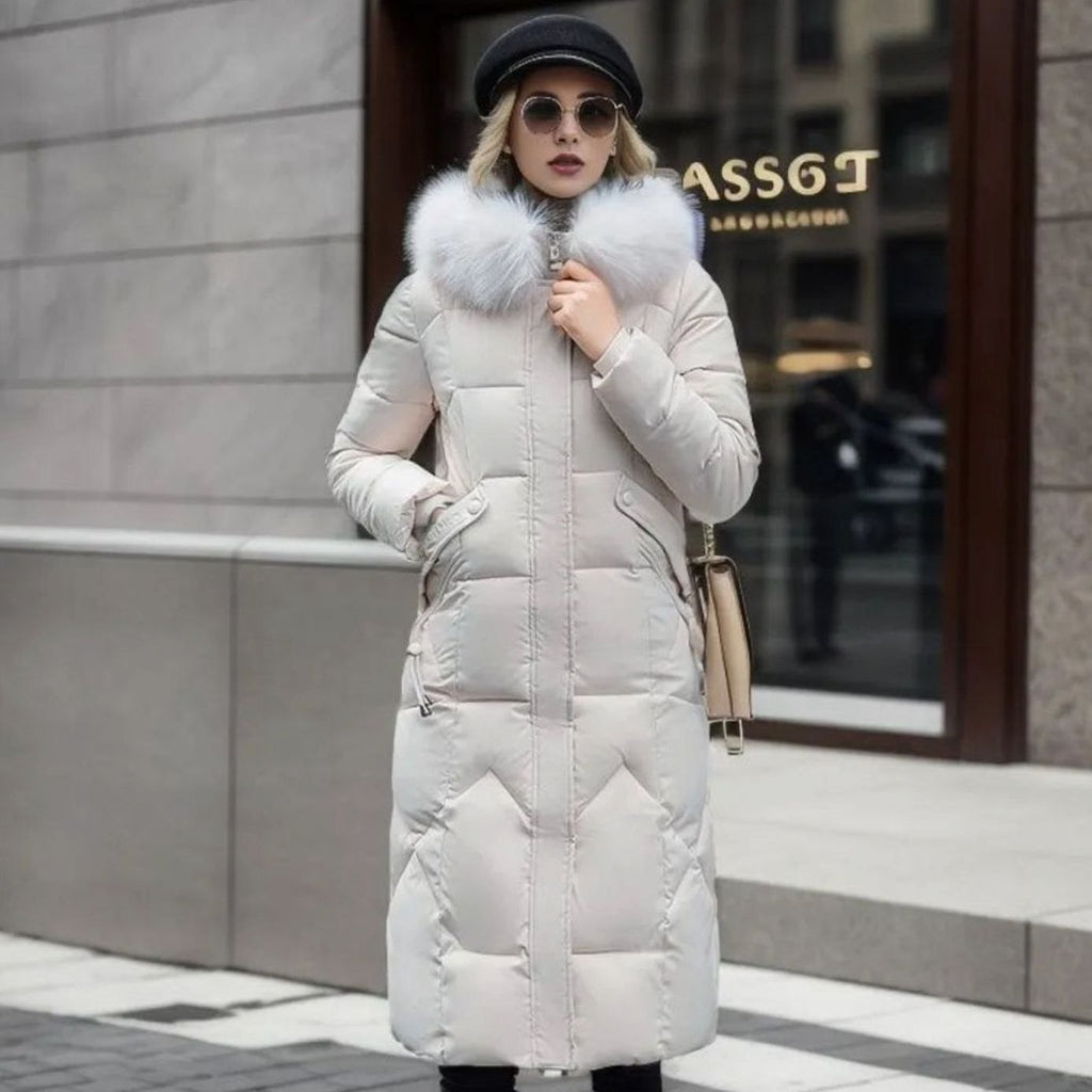 Women's Faux Fur Trim Hooded Knee-Length Coat - White