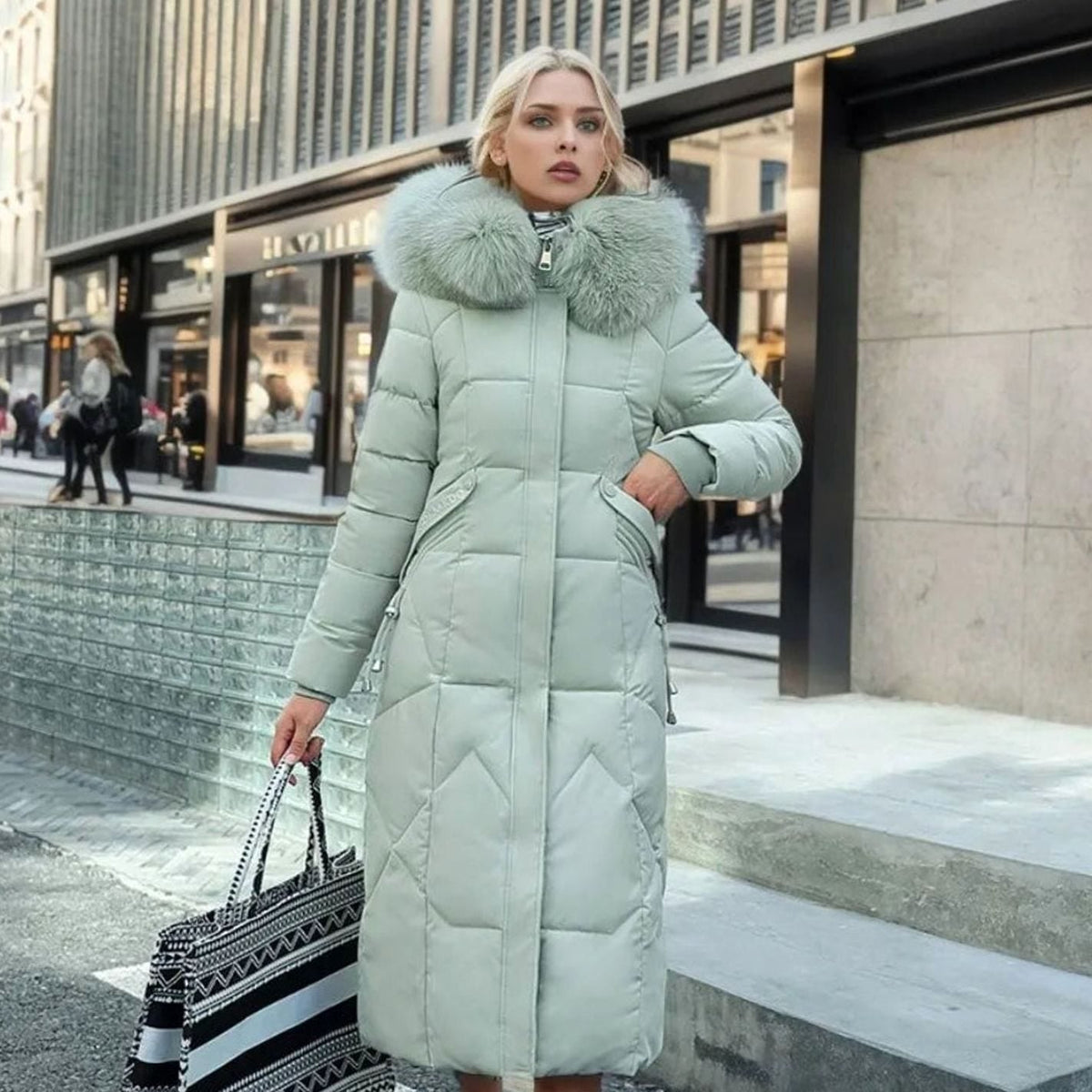 Women's Faux Fur Trim Hooded Knee-Length Coat