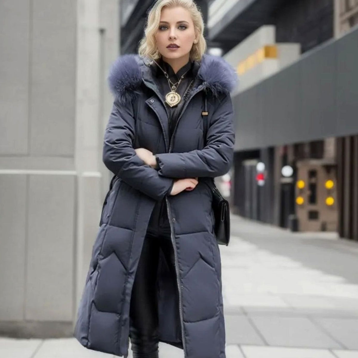 Women's Faux Fur Trim Hooded Knee-Length Coat