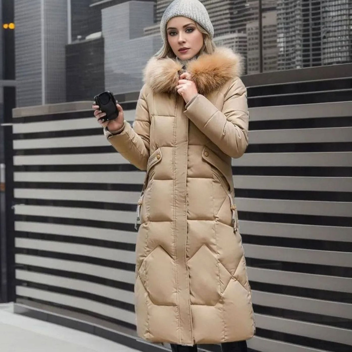 Women's Faux Fur Trim Hooded Knee-Length Coat