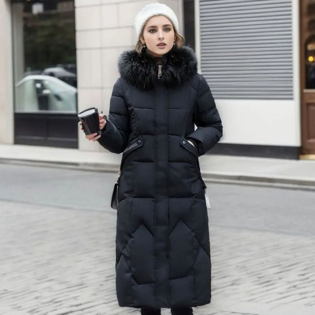 Women's Faux Fur Trim Hooded Knee-Length Coat - Khaki