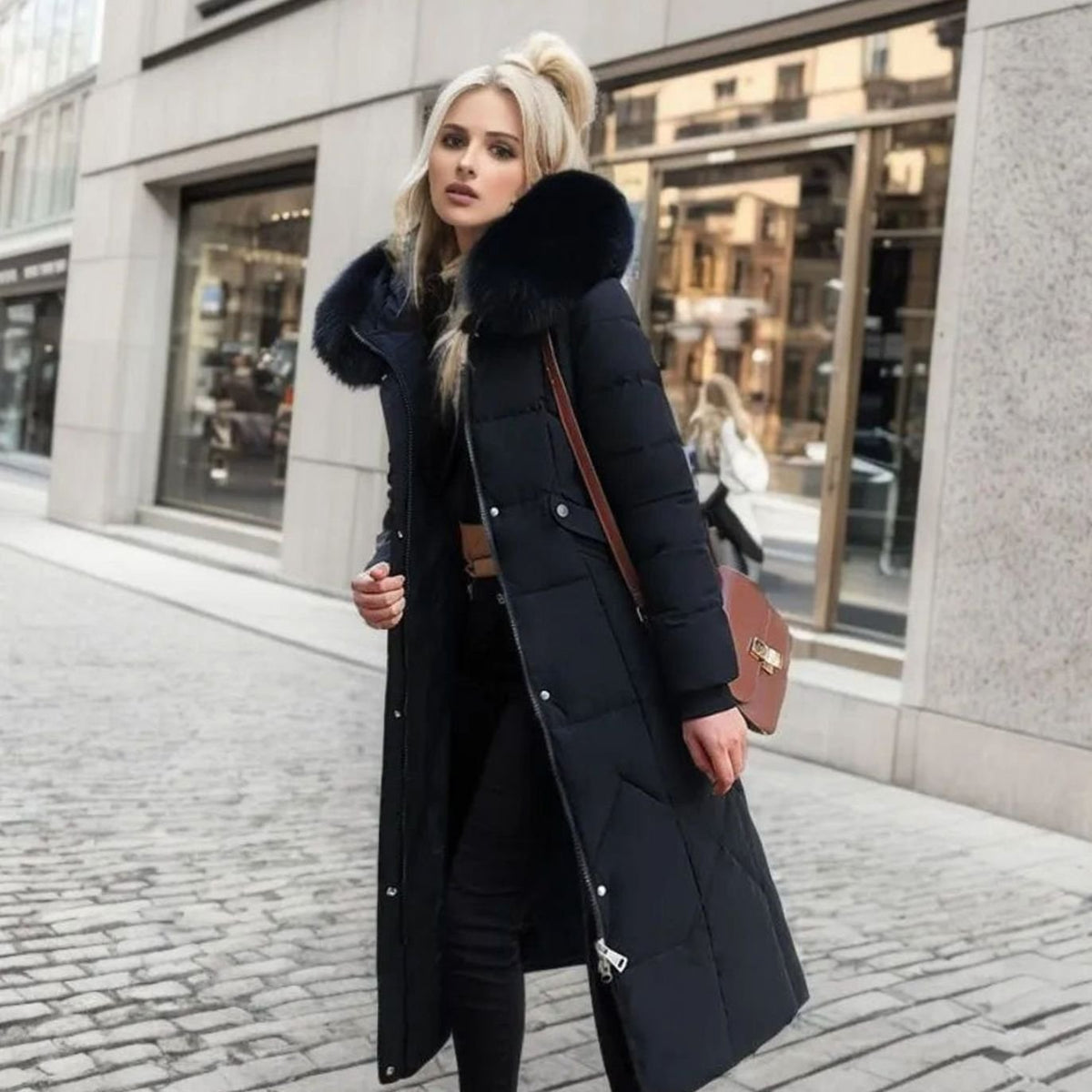 Women's Faux Fur Trim Hooded Knee-Length Coat
