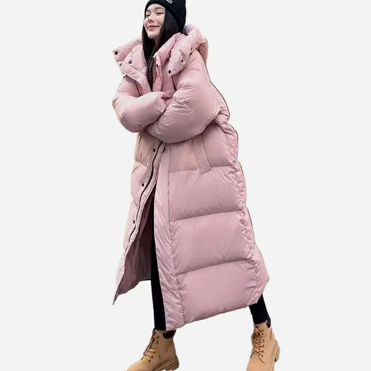 Women's Floor-Length Oversized Puffer Coat with Hood - Pink