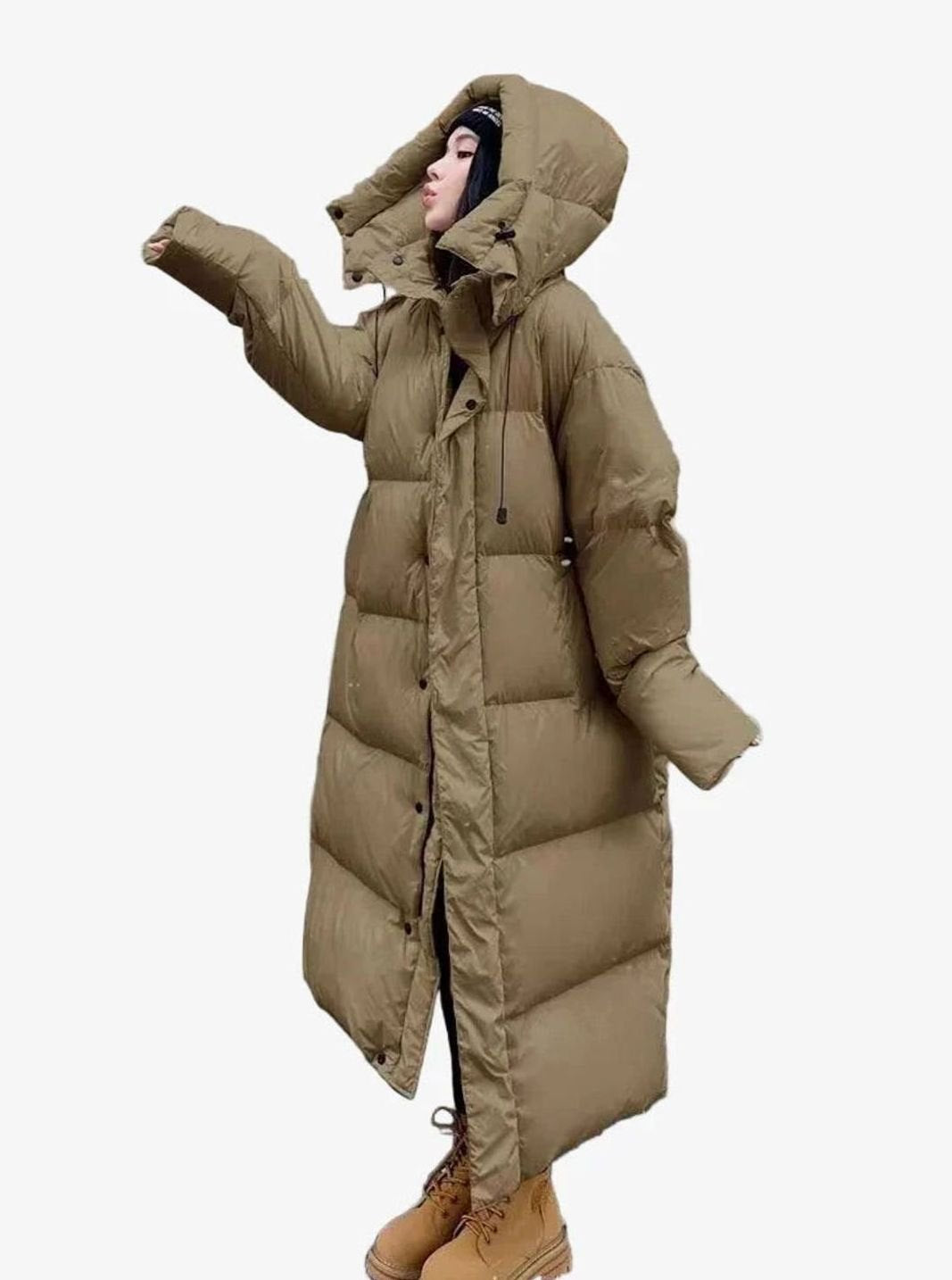 Women's Floor-Length Oversized Puffer Coat with Hood - Khaki