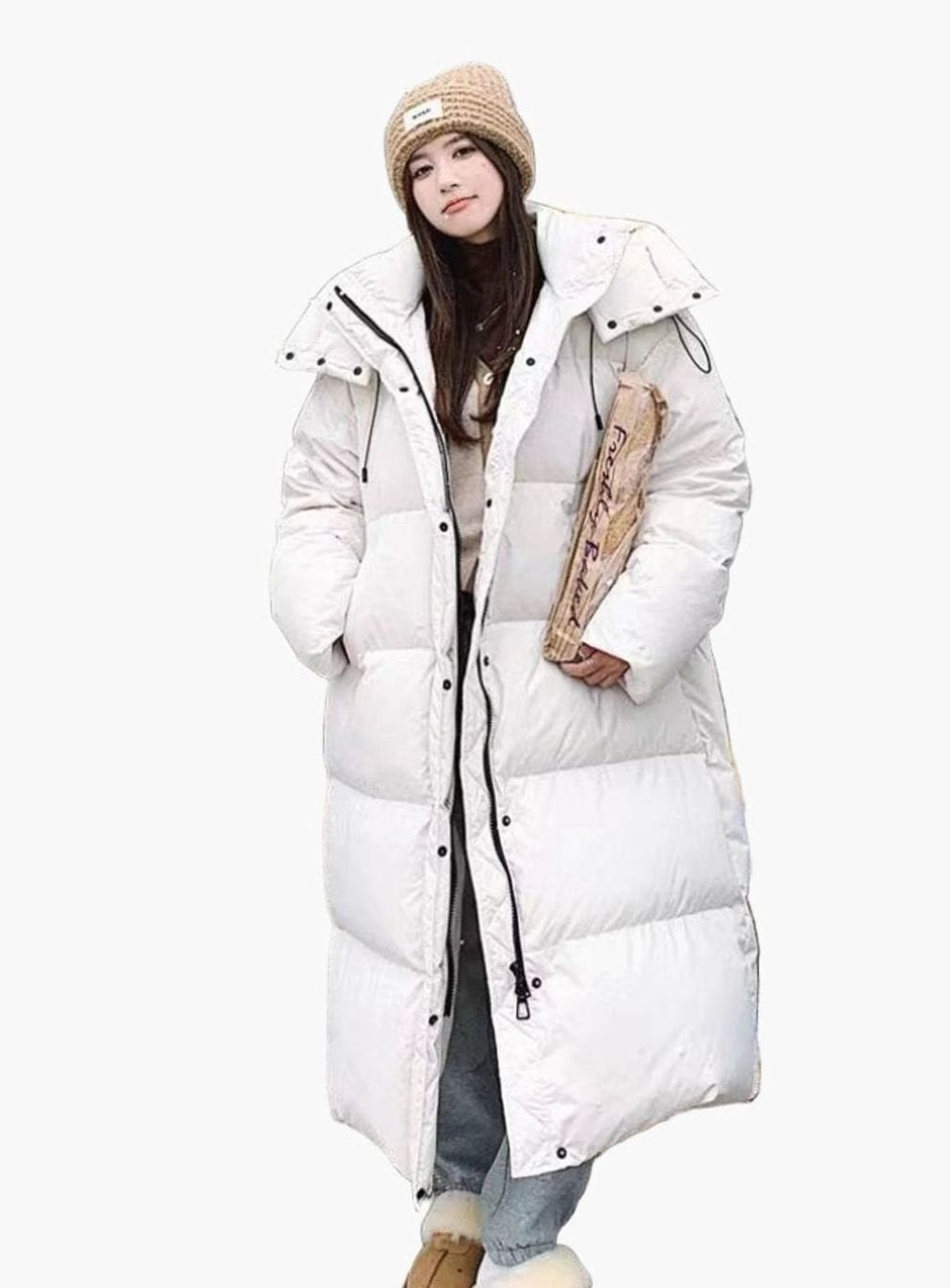 Women's Floor-Length Oversized Puffer Coat with Hood - Beige