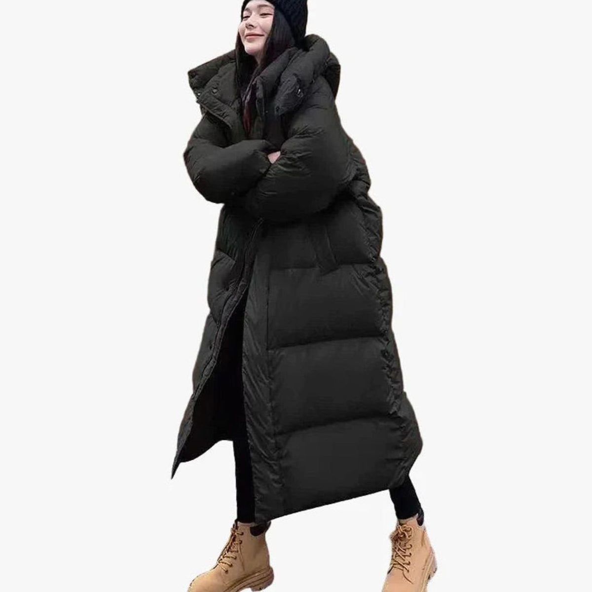 Women's Floor-Length Oversized Puffer Coat with Hood - Black