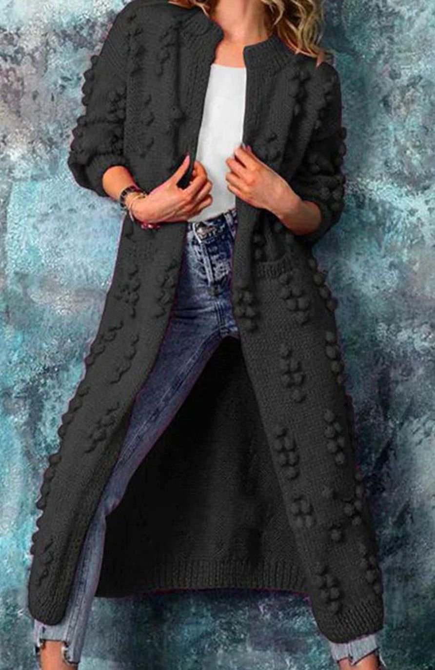 Women's Maxi Length Open-Front Pom-Pom Cardigan - Black