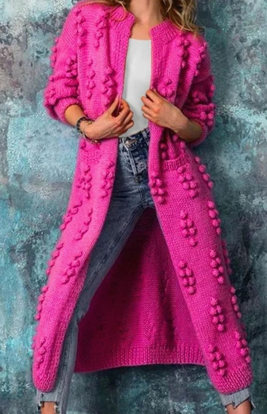 Women's Maxi Length Open-Front Pom-Pom Cardigan - Pink
