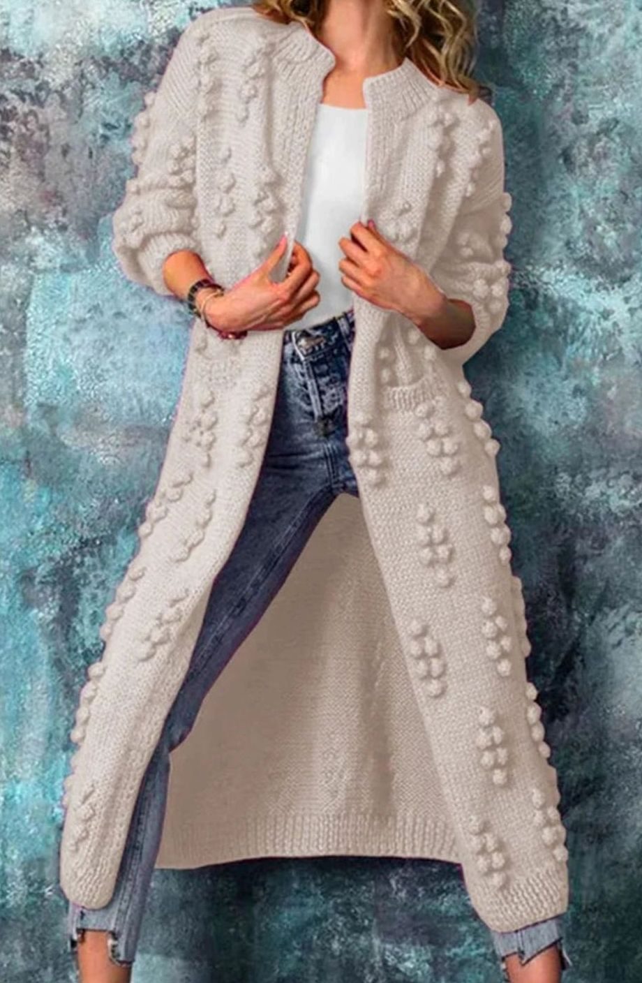 Women's Maxi Length Open-Front Pom-Pom Cardigan - Beige