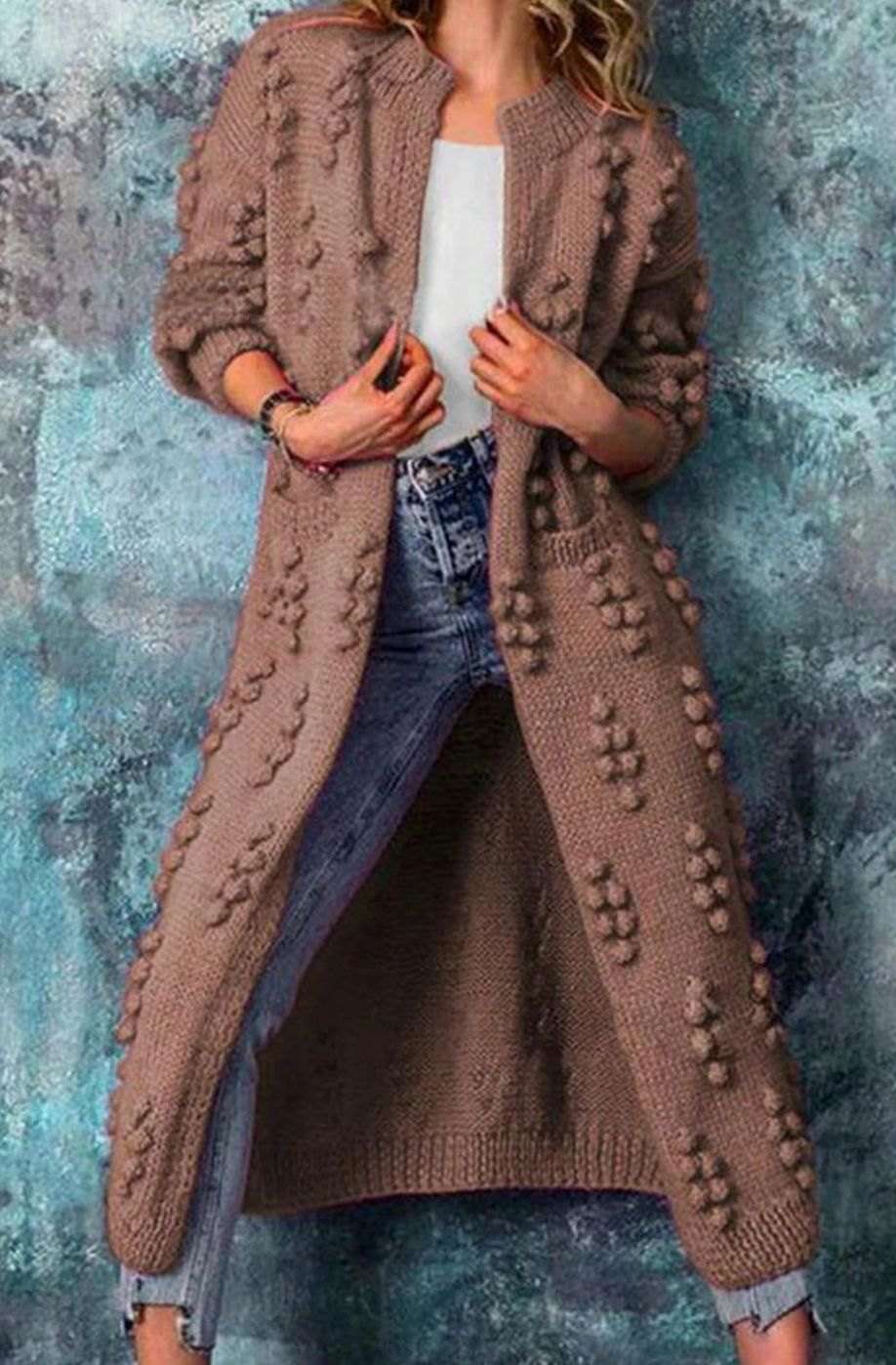 Women's Maxi Length Open-Front Pom-Pom Cardigan - Brown