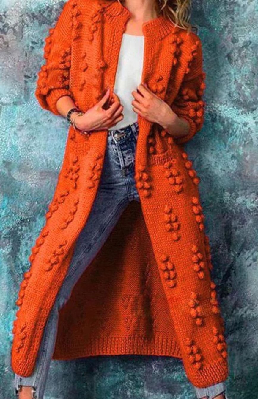 Women's Maxi Length Open-Front Pom-Pom Cardigan - Orange