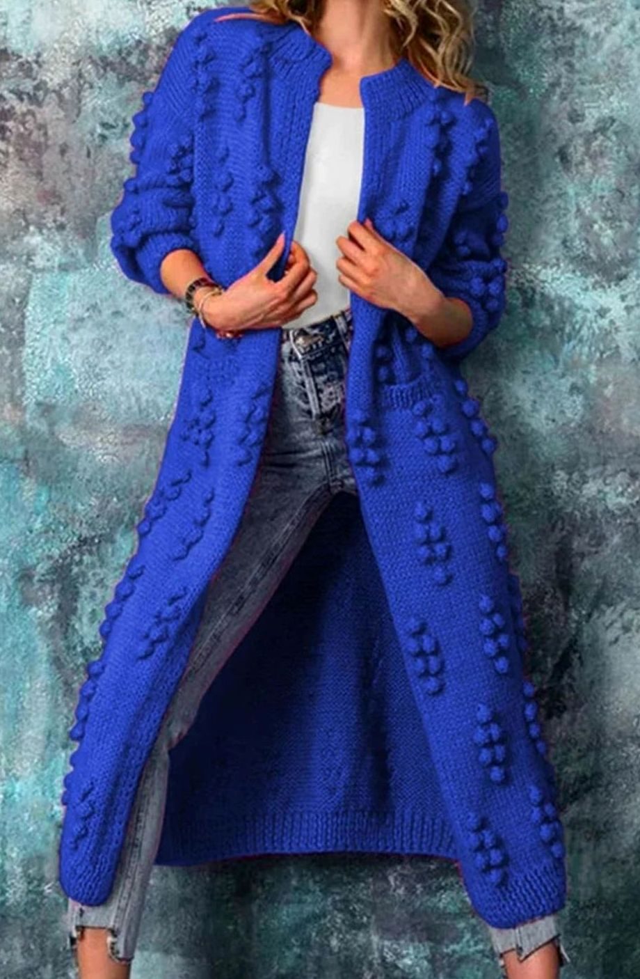 Women's Maxi Length Open-Front Pom-Pom Cardigan - Blue