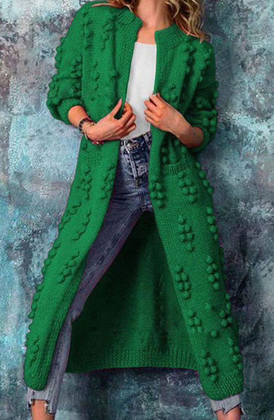 Women's Maxi Length Open-Front Pom-Pom Cardigan - Green
