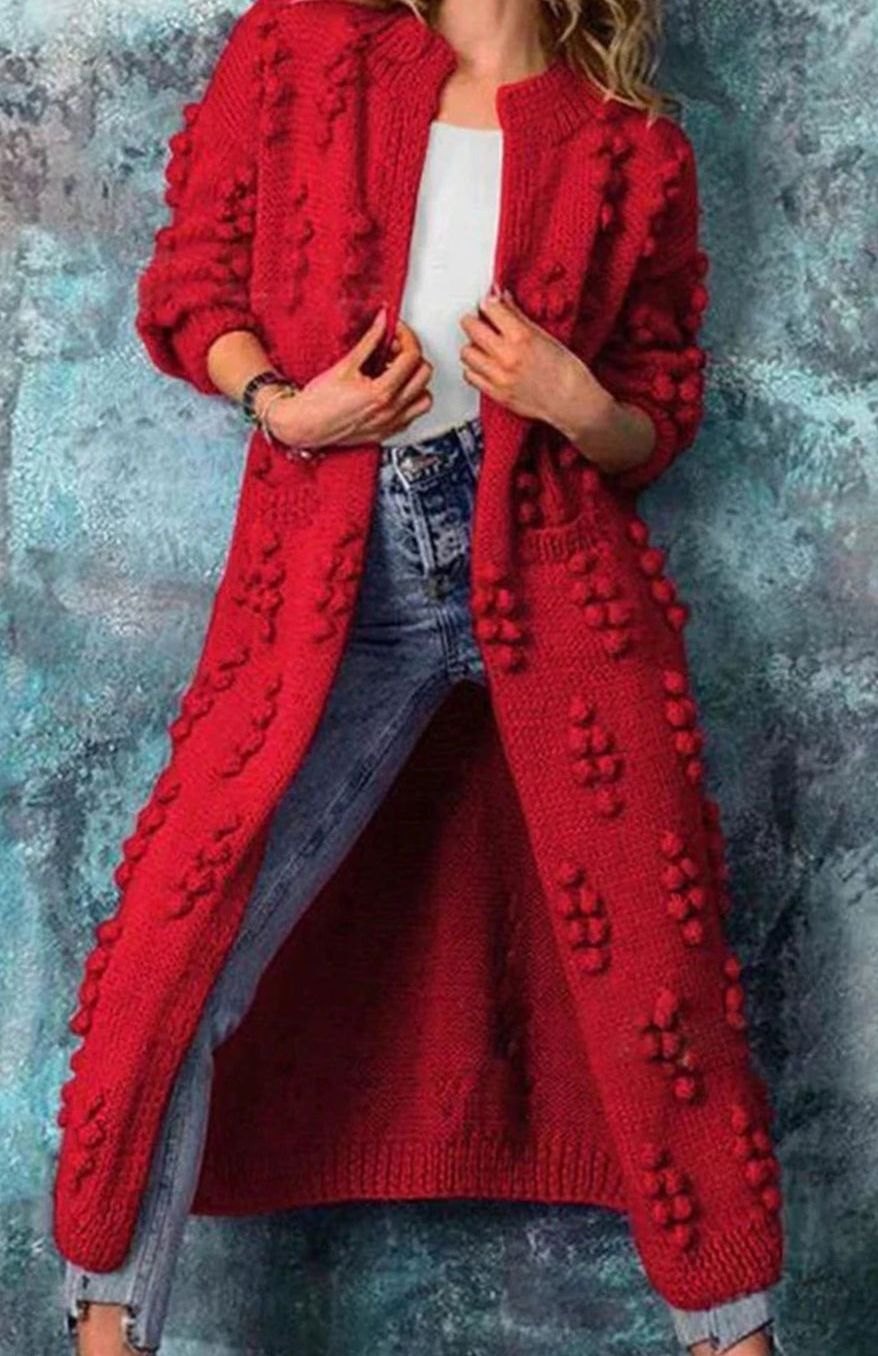 Women's Maxi Length Open-Front Pom-Pom Cardigan - Red