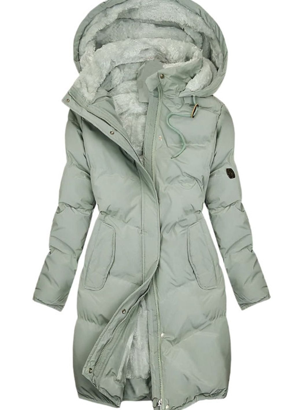 Women's Long Quilted Fleece-Lined Hooded Coat - Green