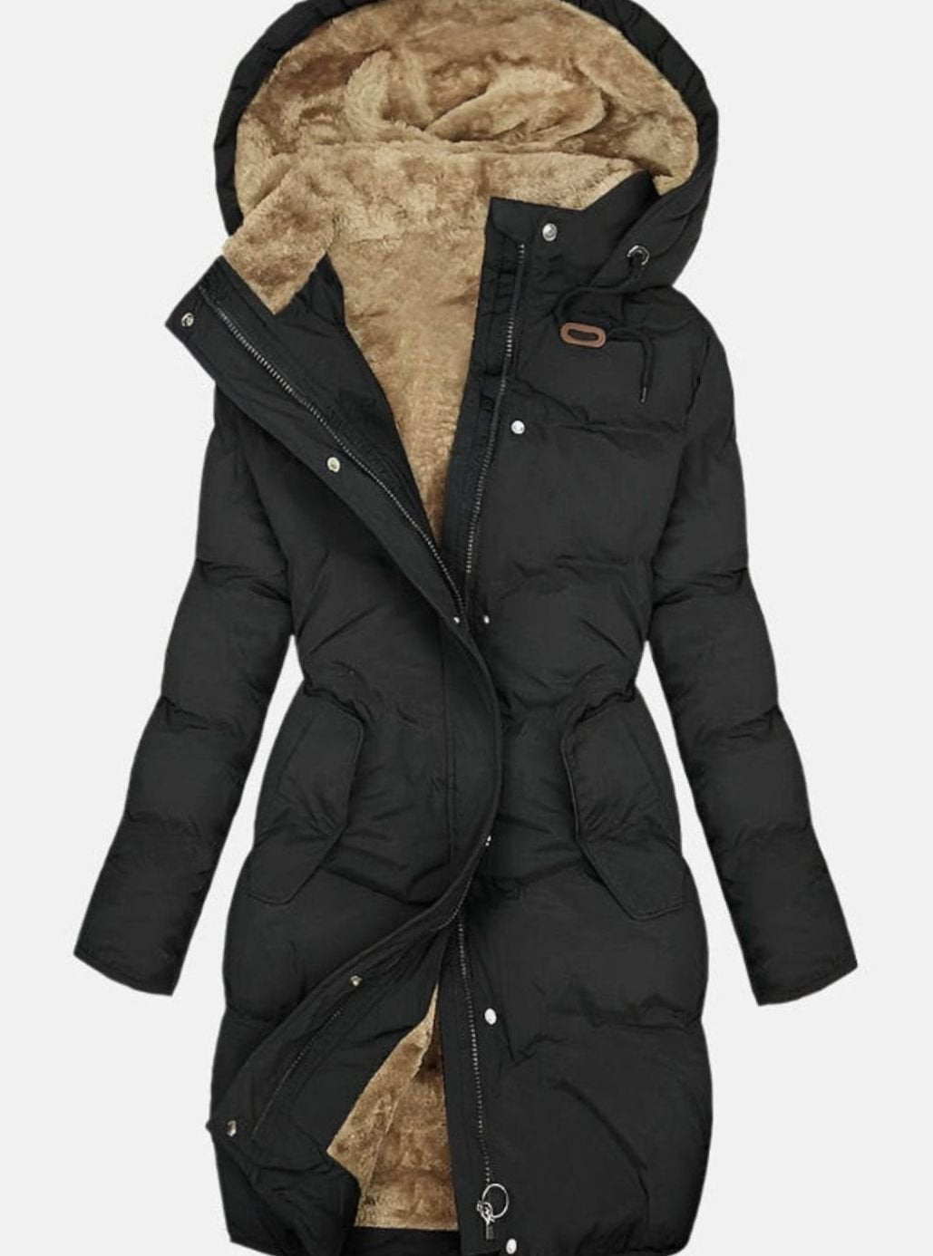 Women's Long Quilted Fleece-Lined Hooded Coat - Black