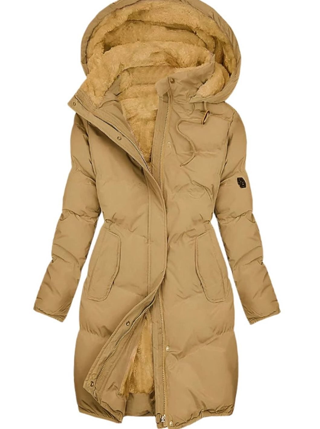 Women's Long Quilted Fleece-Lined Hooded Coat - Yellow