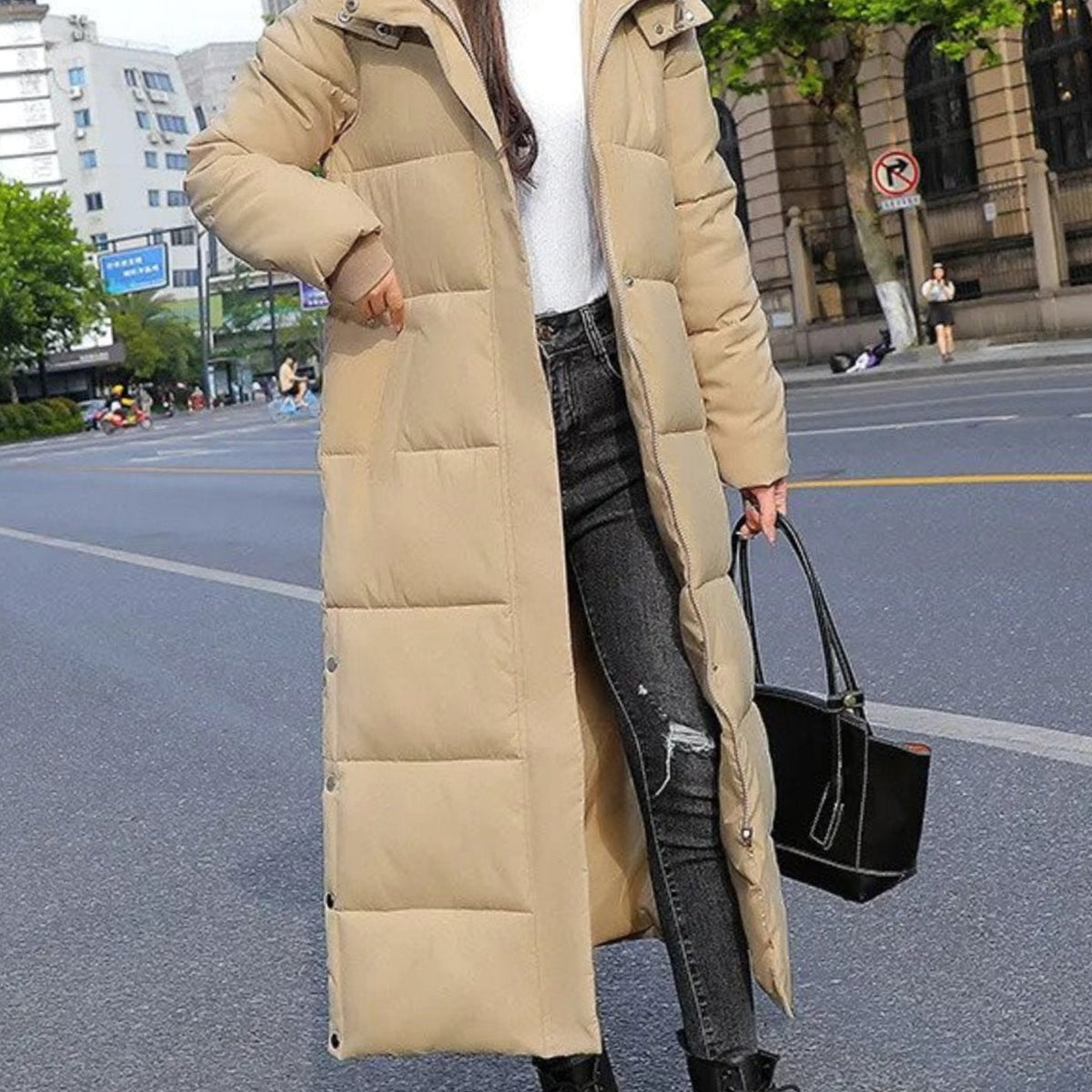 Women's Full-Length Quilted Puffer Coat - Beige