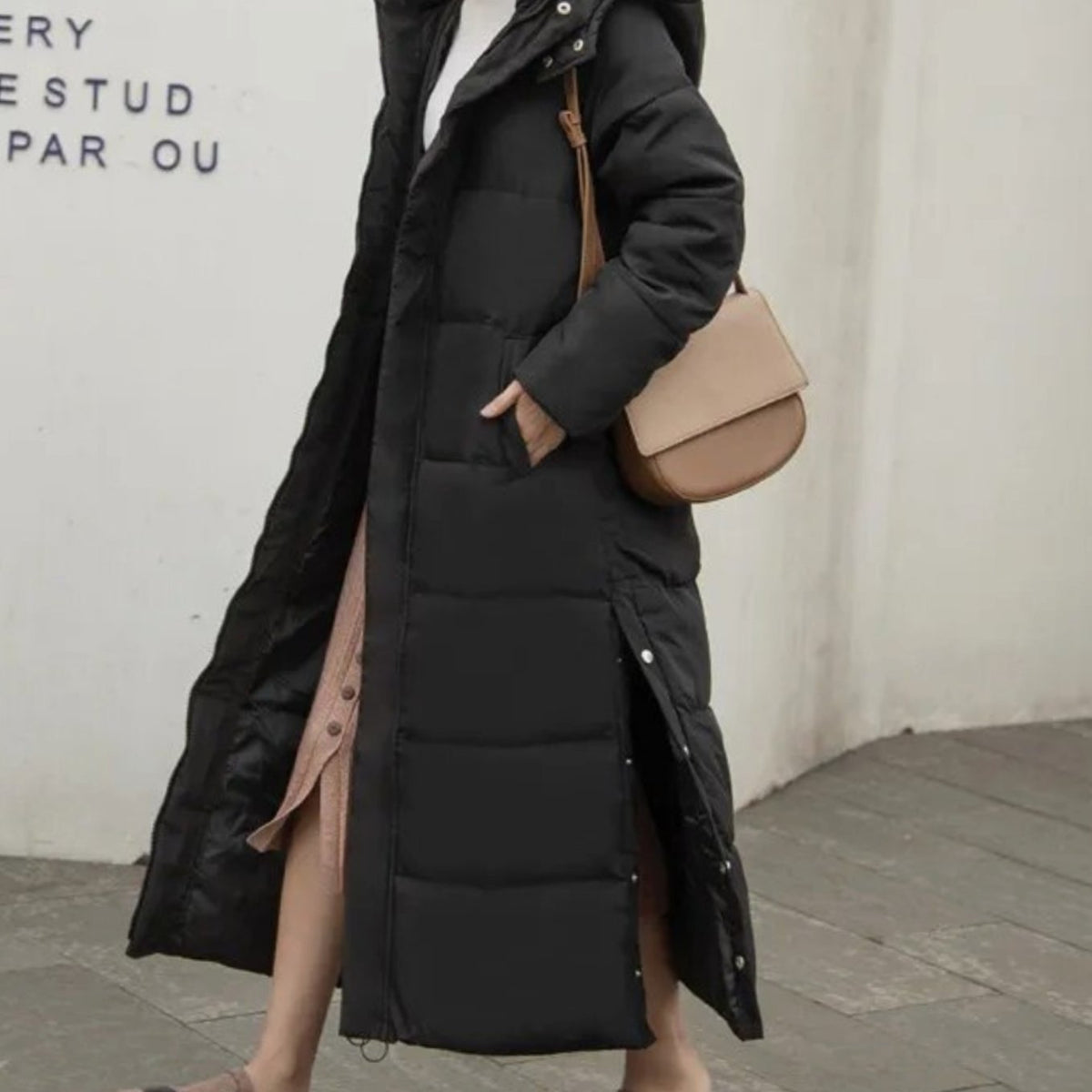 Women's Full-Length Quilted Puffer Coat - Black