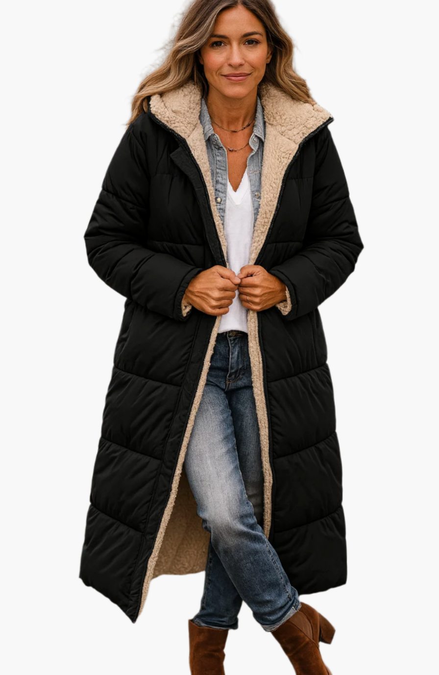 Women's Sherpa-Lined Open-Front Calf-Length Coat - Black