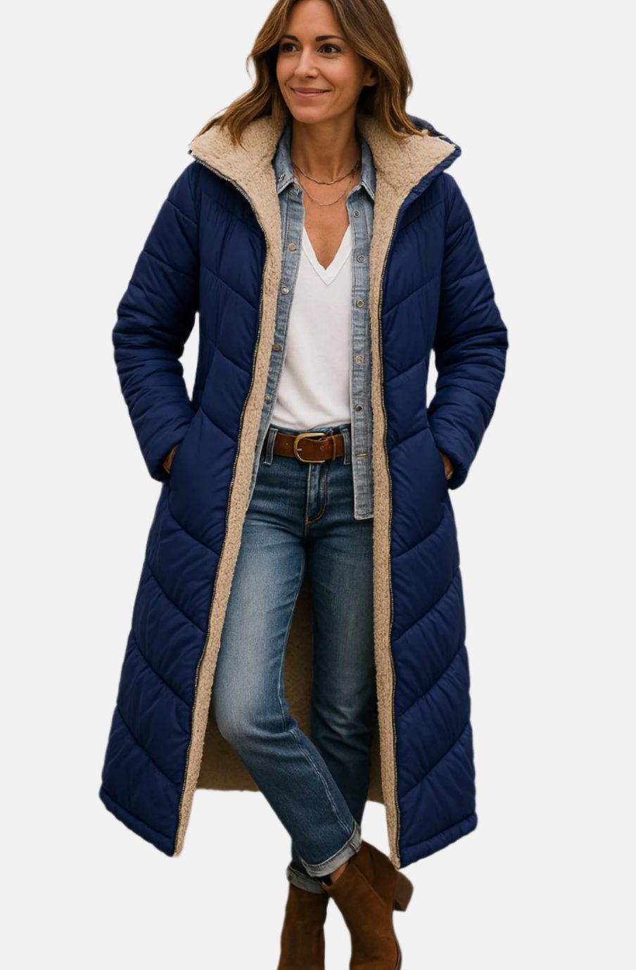 Women's Sherpa-Lined Open-Front Calf-Length Coat - Navy Blue