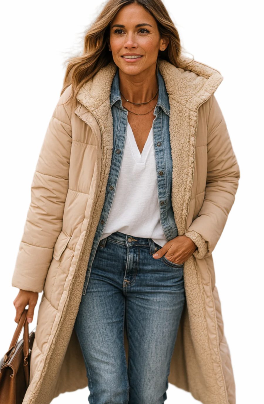 Women's Sherpa-Lined Open-Front Calf-Length Coat - Gray