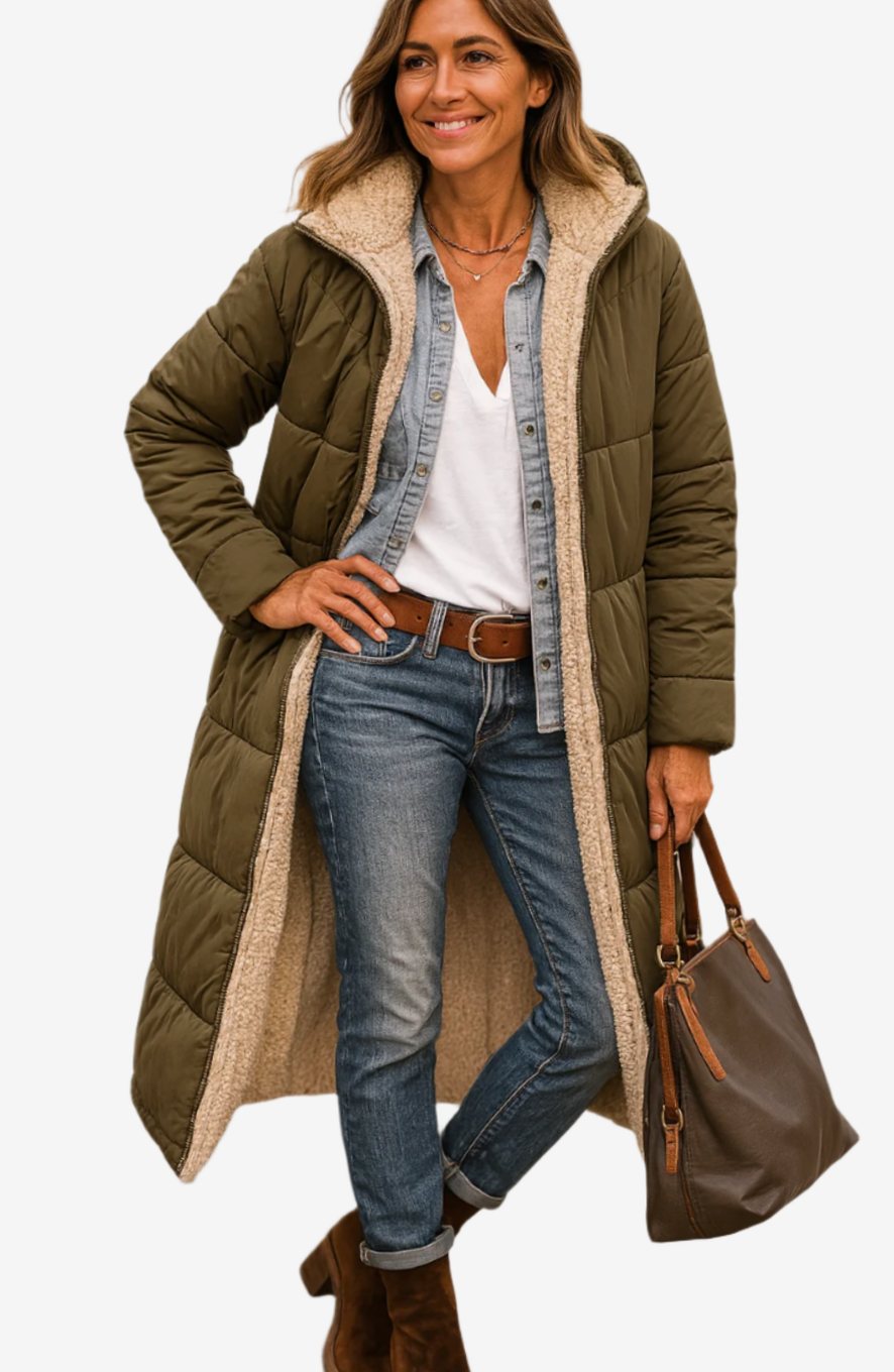 Women's Sherpa-Lined Open-Front Calf-Length Coat - Army Green