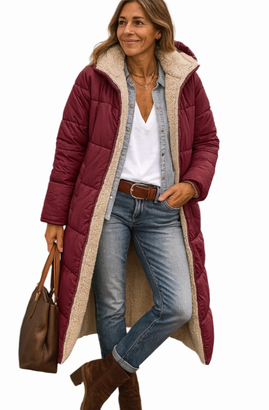 Women's Sherpa-Lined Open-Front Calf-Length Coat - Wine Red