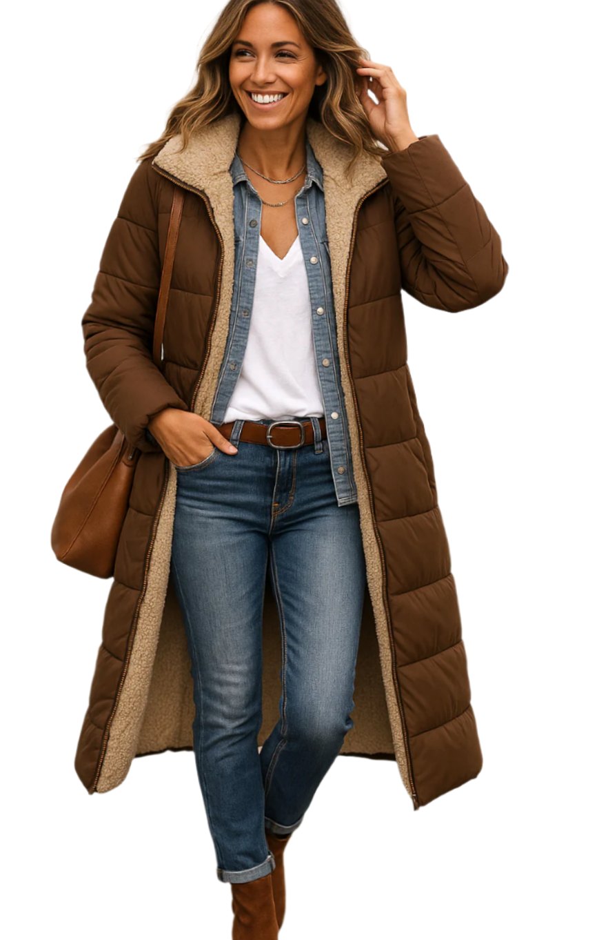 Women's Sherpa-Lined Open-Front Calf-Length Coat - Brown
