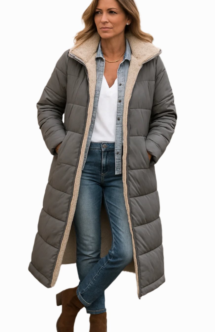 Women's Sherpa-Lined Open-Front Calf-Length Coat - Beige