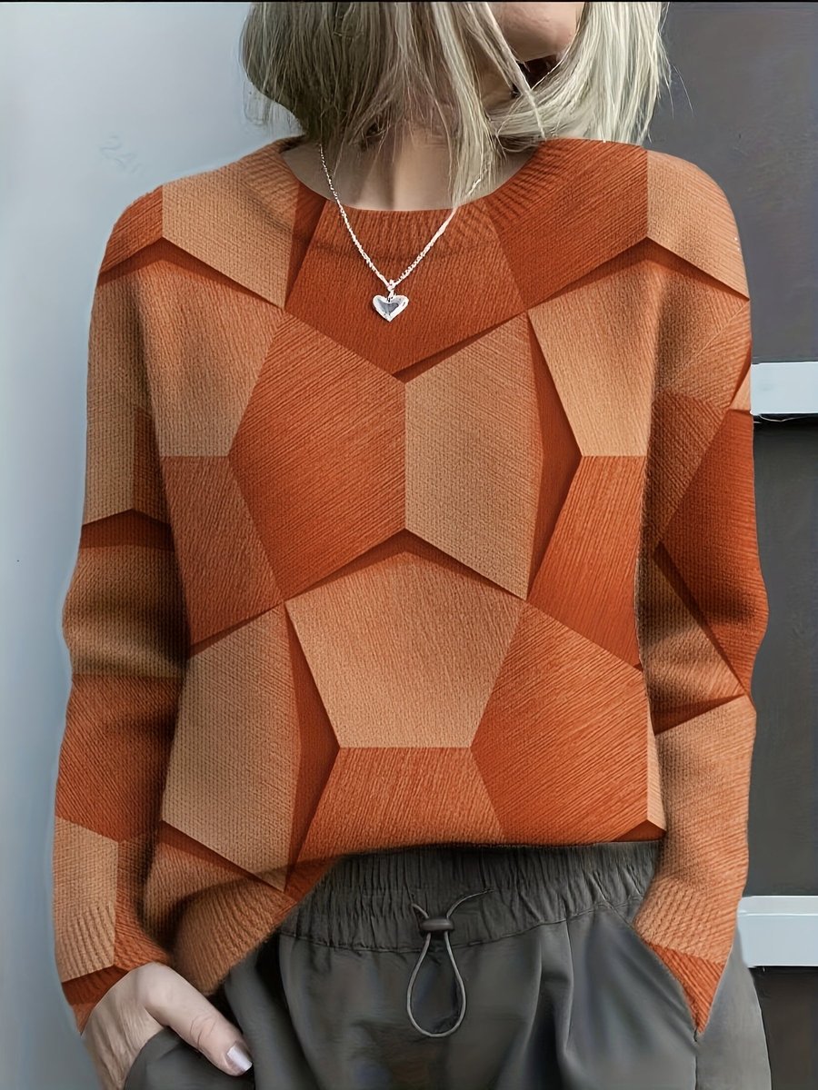 Women's Geometric Print Crewneck Knit Sweater - Orange