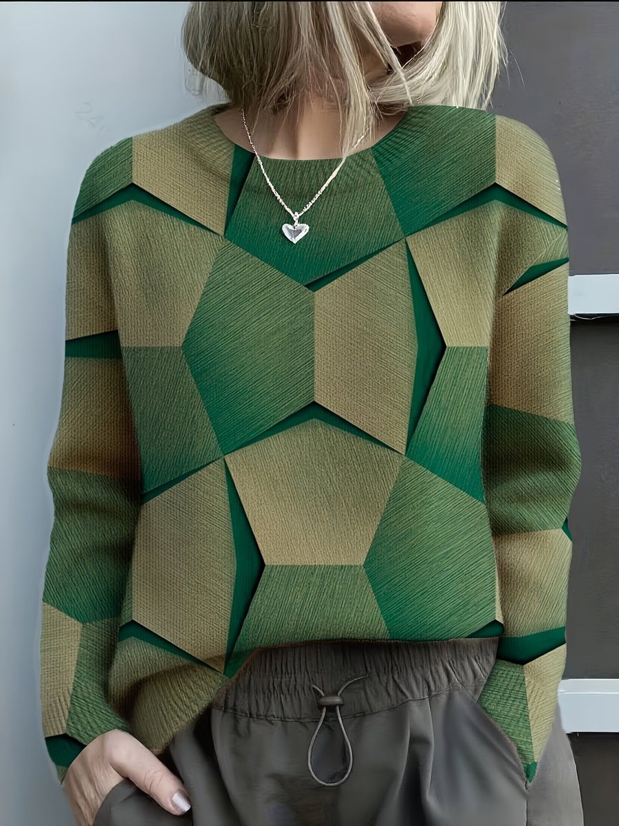 Women's Geometric Print Crewneck Knit Sweater - Green