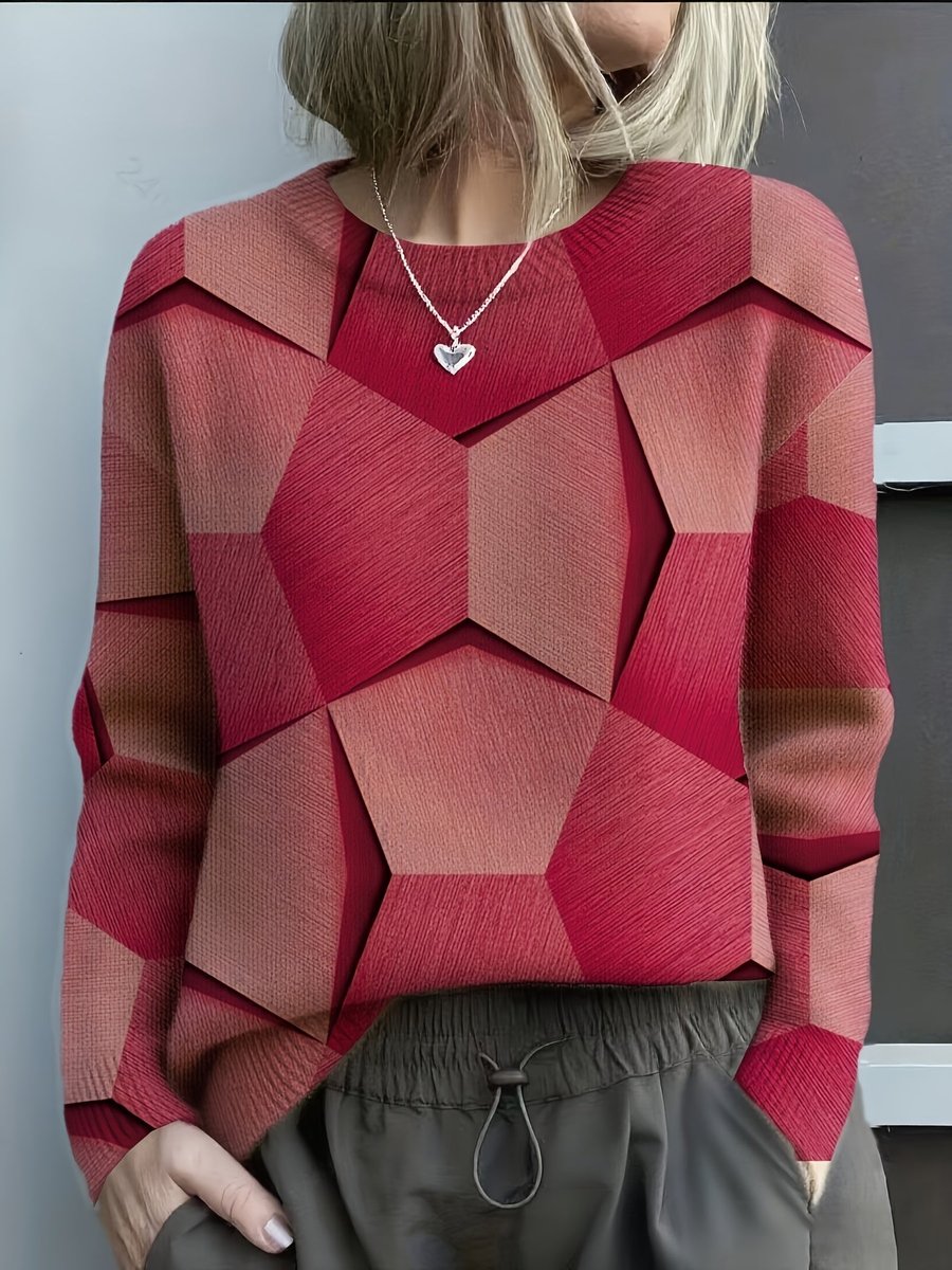 Women's Geometric Print Crewneck Knit Sweater - Red