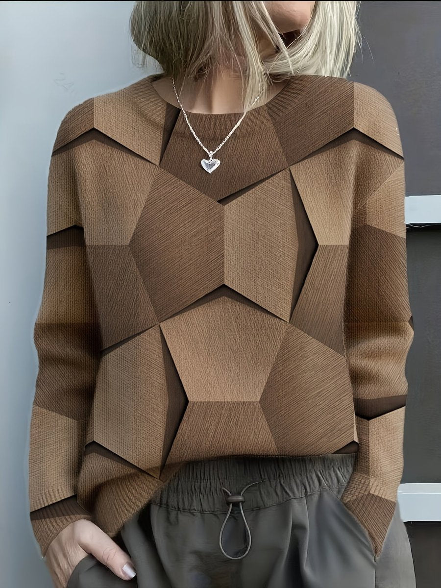 Women's Geometric Print Crewneck Knit Sweater - Brown