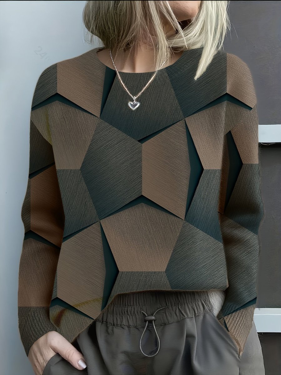 Women's Geometric Print Crewneck Knit Sweater - Black
