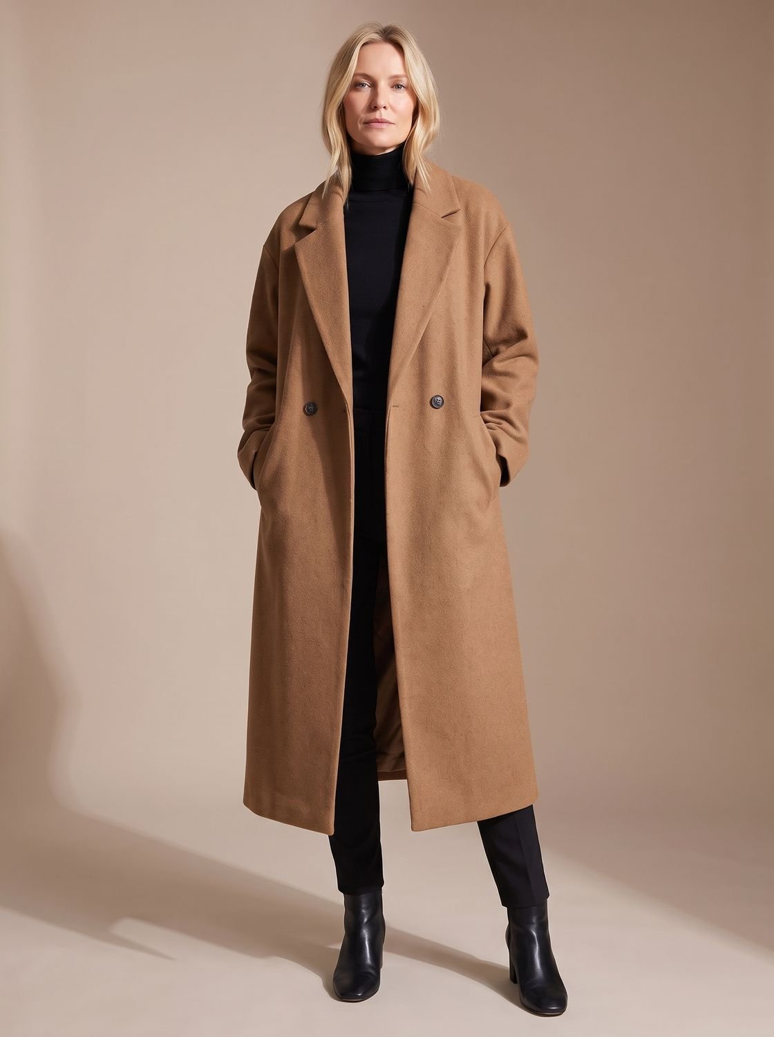 Women's Double-Breasted Long Tailored Winter Overcoat - Brown