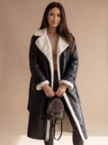 Women's Long Belted Faux Leather Coat with Sherpa Lining - Black