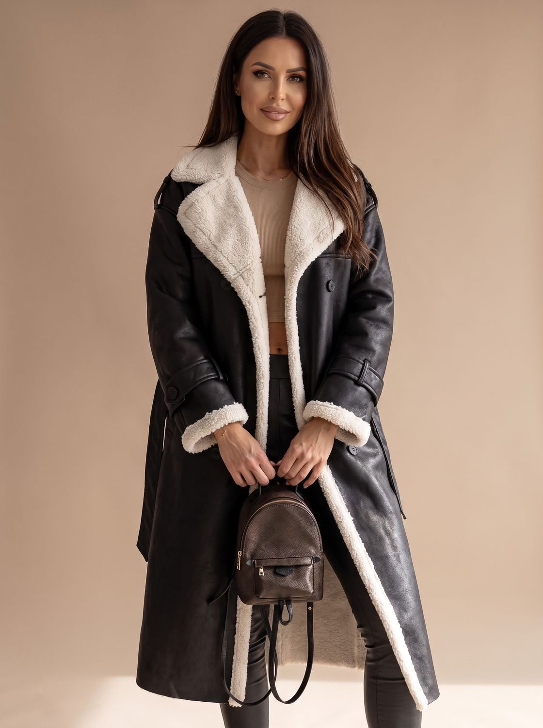 Women's Long Belted Faux Leather Coat with Sherpa Lining - Black