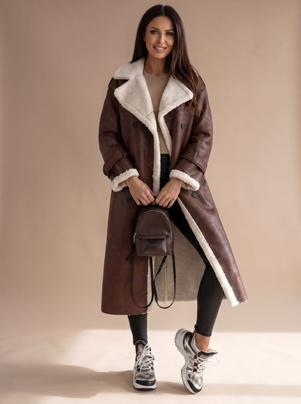 Women's Long Belted Faux Leather Coat with Sherpa Lining